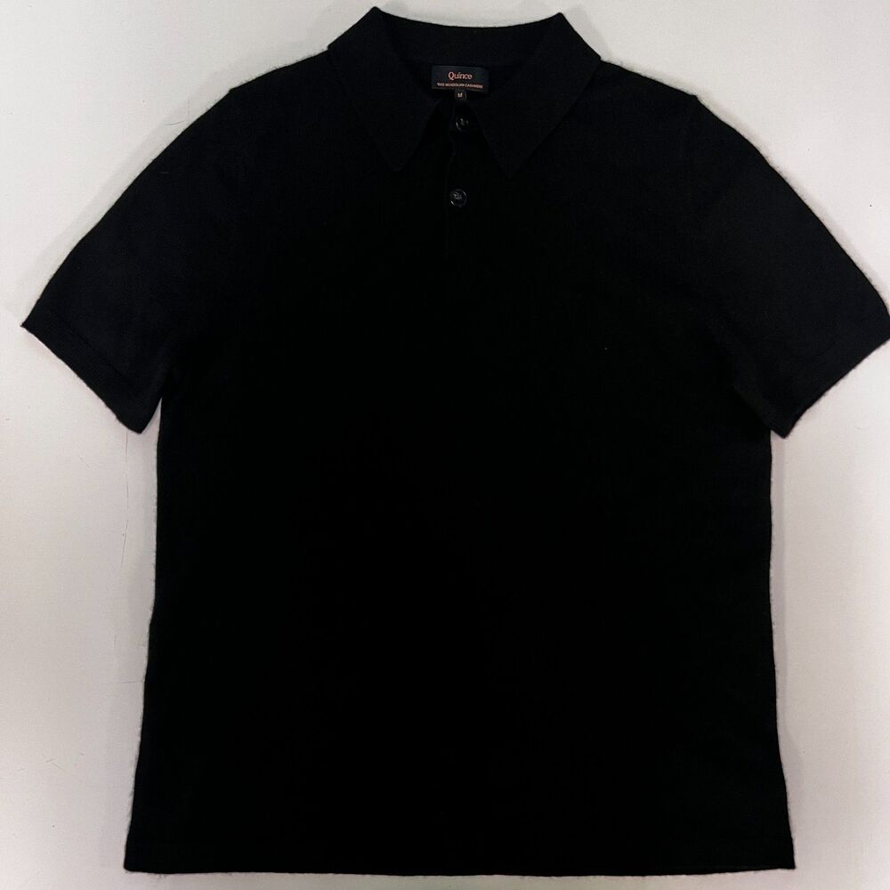 Quince Men 100% Mongolian Cashmere Short Sleeve Polo Sweater Black Sleeved Top M